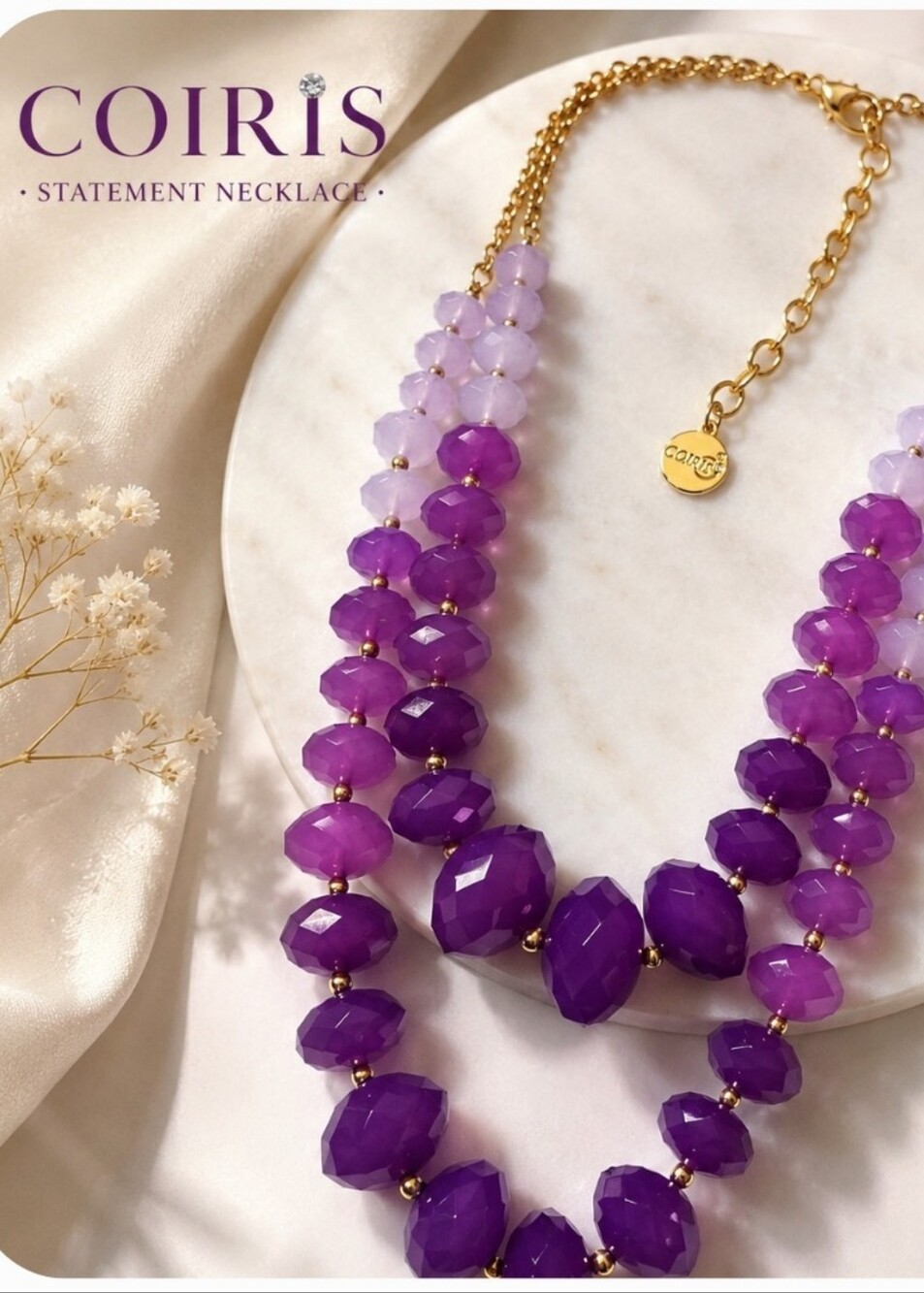 Coiris Purple Ombre Faceted Multi-Strand Statement Necklace Gold Tone Adjustable